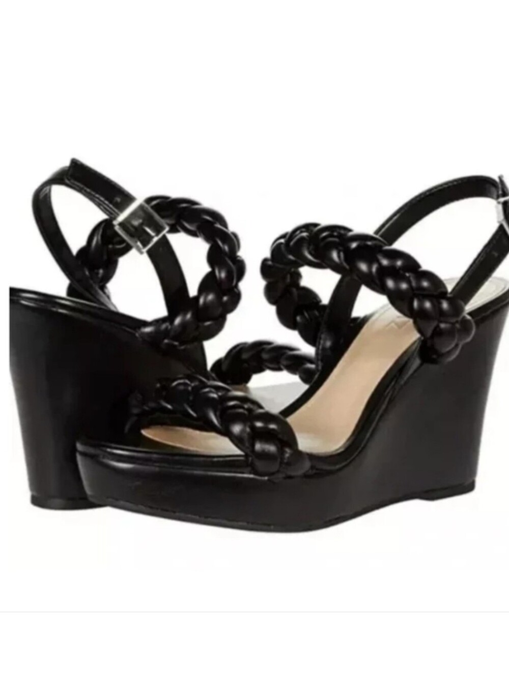 Schutz Zaria Braided Strap Wedge Sandals Black Leather
